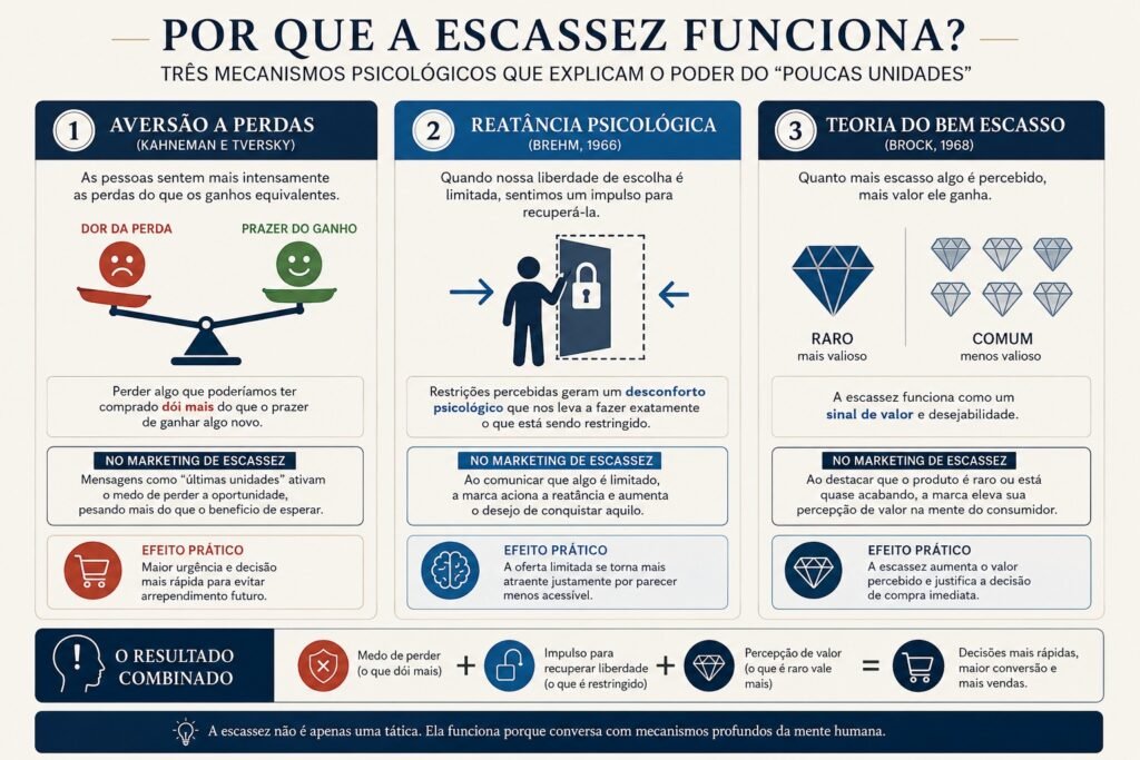 Infográfico mostrando os três mecanismos psicológicos do marketing de escassez: aversão a perdas (Kahneman e Tversky), reatância psicológica (Brehm, 1966) e teoria do bem escasso (Brock, 1968).