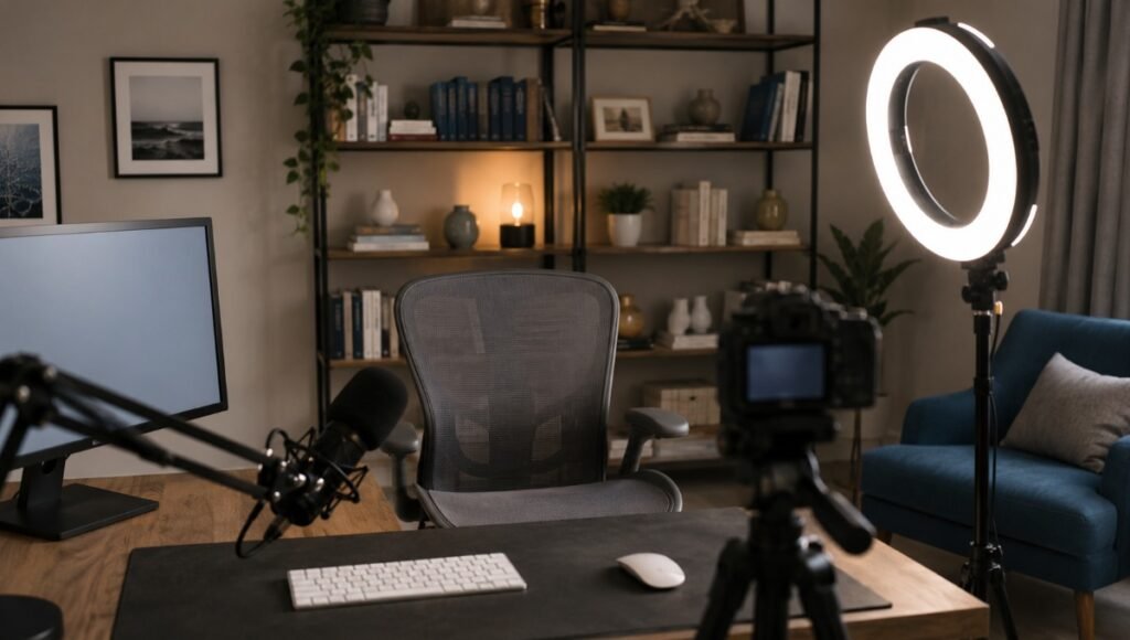 Setup doméstico de criação de conteúdo: ring light apontando para uma cadeira vazia, câmera em tripé, microfone articulado e computador na lateral, sem pessoas presentes.