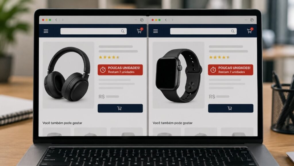 Tela de notebook com duas páginas de e-commerce abertas lado a lado, ambas exibindo o mesmo aviso de poucas unidades com o número idêntico, sugerindo que o indicador é fabricado.