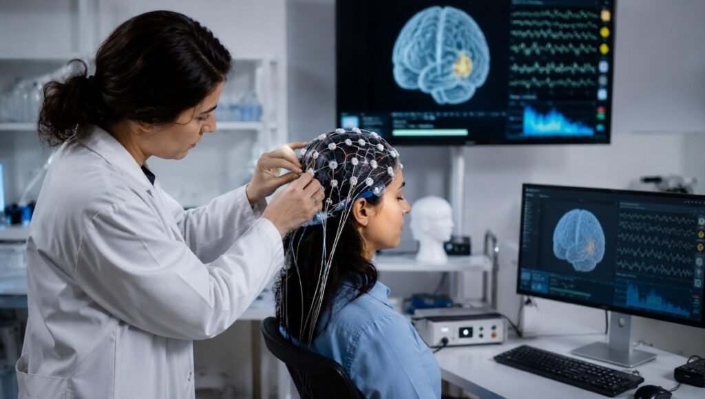 Pesquisador em laboratório de neurociência ajustando equipamento de EEG em voluntário, representando o ambiente de pesquisa científica que sustenta o componente tecnológico das discussões sobre guerra cognitiva.