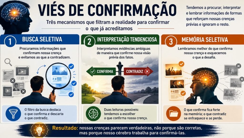 Infográfico mostrando os três mecanismos do viés de confirmação: busca seletiva de informações que confirmam a crença, interpretação tendenciosa de evidências ambíguas, e memória seletiva que favorece recordações consistentes com a crença prévia.