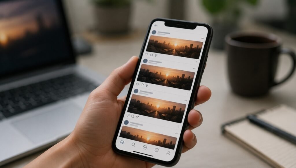 Smartphone exibindo feed de rede social com publicações de aparência visual homogênea, sugerindo o ambiente de reforço de crenças que algoritmos de recomendação podem criar.