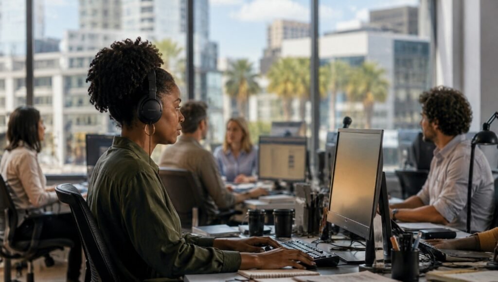 Cena de redação jornalística contemporânea em ambiente urbano que sugere uma capital africana, com profissionais de comunicação trabalhando em frente a computadores.