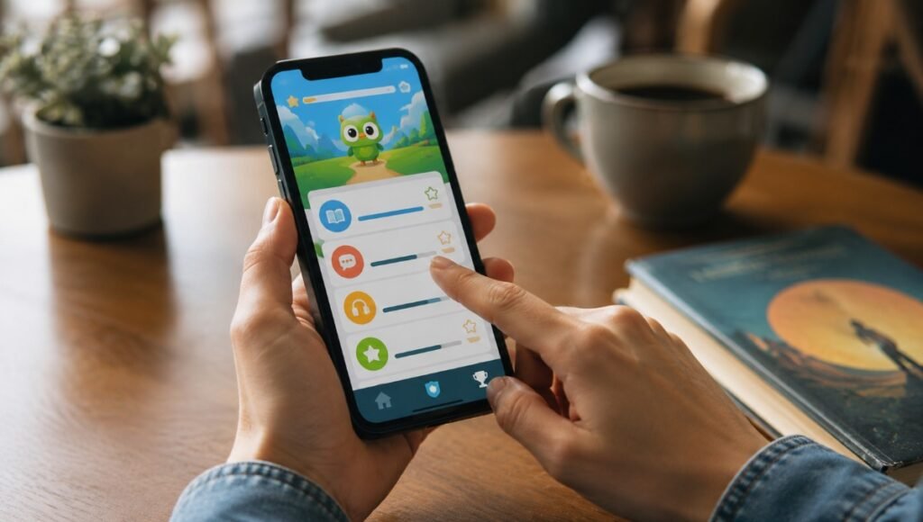 Mãos segurando um celular com a tela exibindo um aplicativo de aprendizado de idiomas, representando o ponto de contato cotidiano com a marca