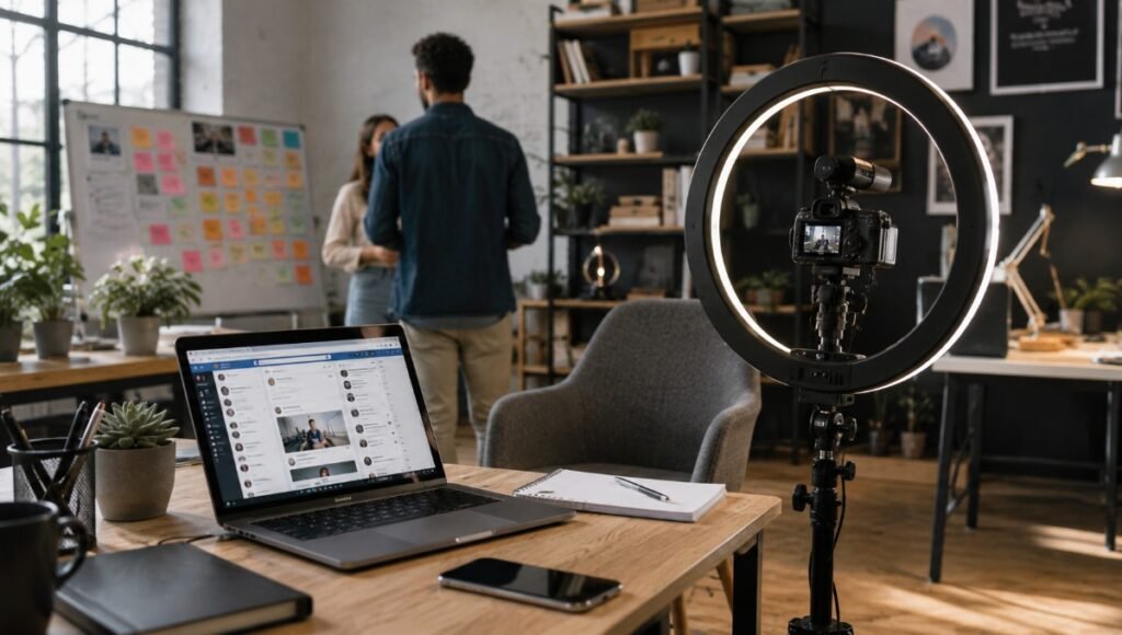 Escritório de produção de conteúdo de redes sociais, com notebook aberto, ring light, câmera em tripé e profissionais conversando, sem rostos identificáveis.