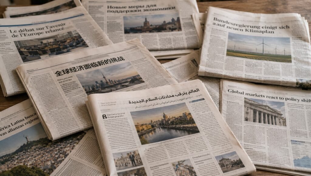 Vista aérea de uma mesa com vários jornais impressos abertos, com manchetes visíveis mas ilegíveis em diferentes idiomas, representando a pluralidade de enquadramentos sobre um mesmo evento.