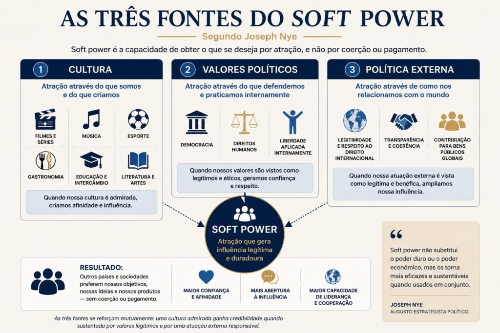 Infográfico mostrando as três fontes do soft power segundo Joseph Nye: cultura (filmes, música, esporte, gastronomia, educação), valores políticos (democracia, direitos humanos, liberdade aplicada internamente), e política externa (legitimidade, transparência, contribuição para bens públicos).
