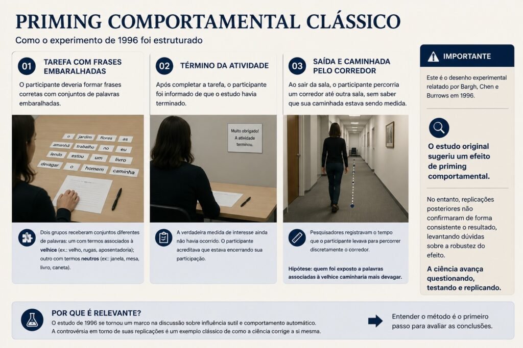 Diagrama do experimento de 1996 que associou palavras ligadas à velhice à velocidade de caminhada dos participantes.