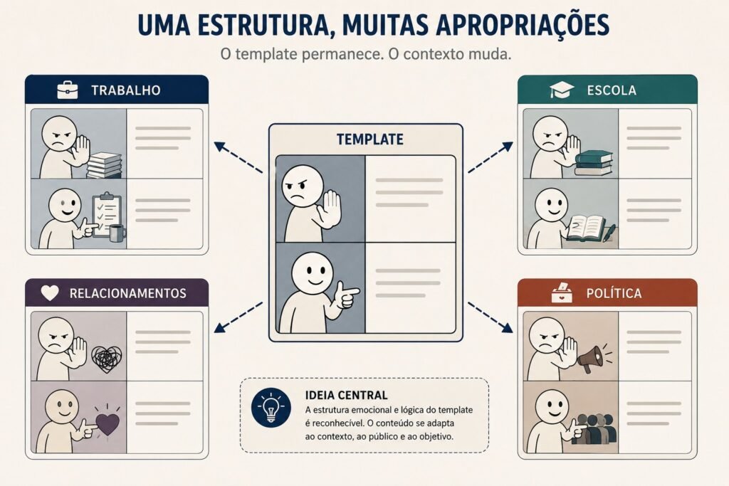 Infográfico mostra como uma estrutura de meme pode ser adaptada para diferentes comunidades e situações.