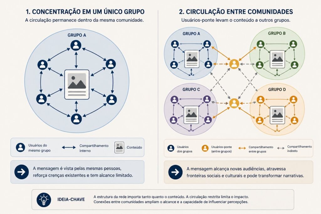 Diagrama compara um meme restrito a uma comunidade com outro que atravessa diferentes grupos por meio de usuários-ponte.