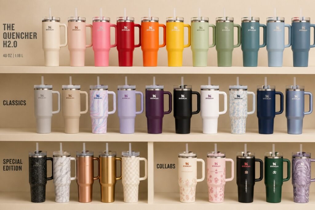 Diferentes versões do Stanley Quencher em cores e acabamentos variados.