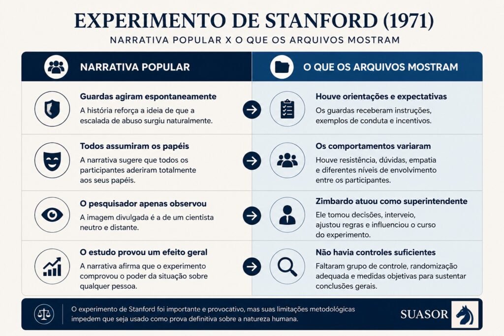 Infográfico compara a narrativa popular do experimento de Stanford com as limitações reveladas pelos arquivos.