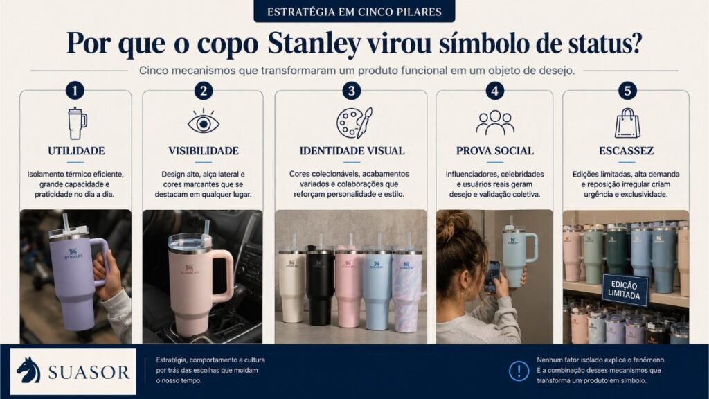 Infográfico apresenta os cinco fatores que ajudaram o copo Stanley a se tornar símbolo de status.