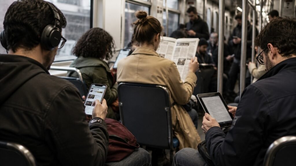 Cena de transporte público com várias pessoas consumindo mídia em formatos diferentes (smartphone, tablet, jornal impresso, fones), representando a fragmentação contemporânea do consumo de notícias.
