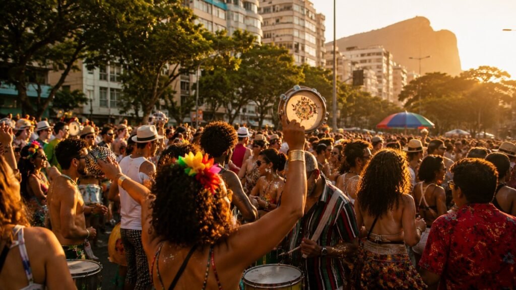 Bloco de Carnaval de rua em cidade brasileira, com foliões e instrumentos de samba visíveis, ilustrando uma das principais expressões do soft power brasileiro reconhecidas internacionalmente.