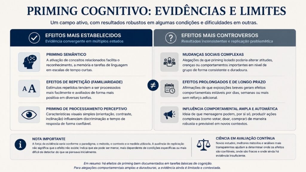 Comparação entre efeitos de priming cognitivo mais estabelecidos e alegações comportamentais que enfrentam problemas de replicação.