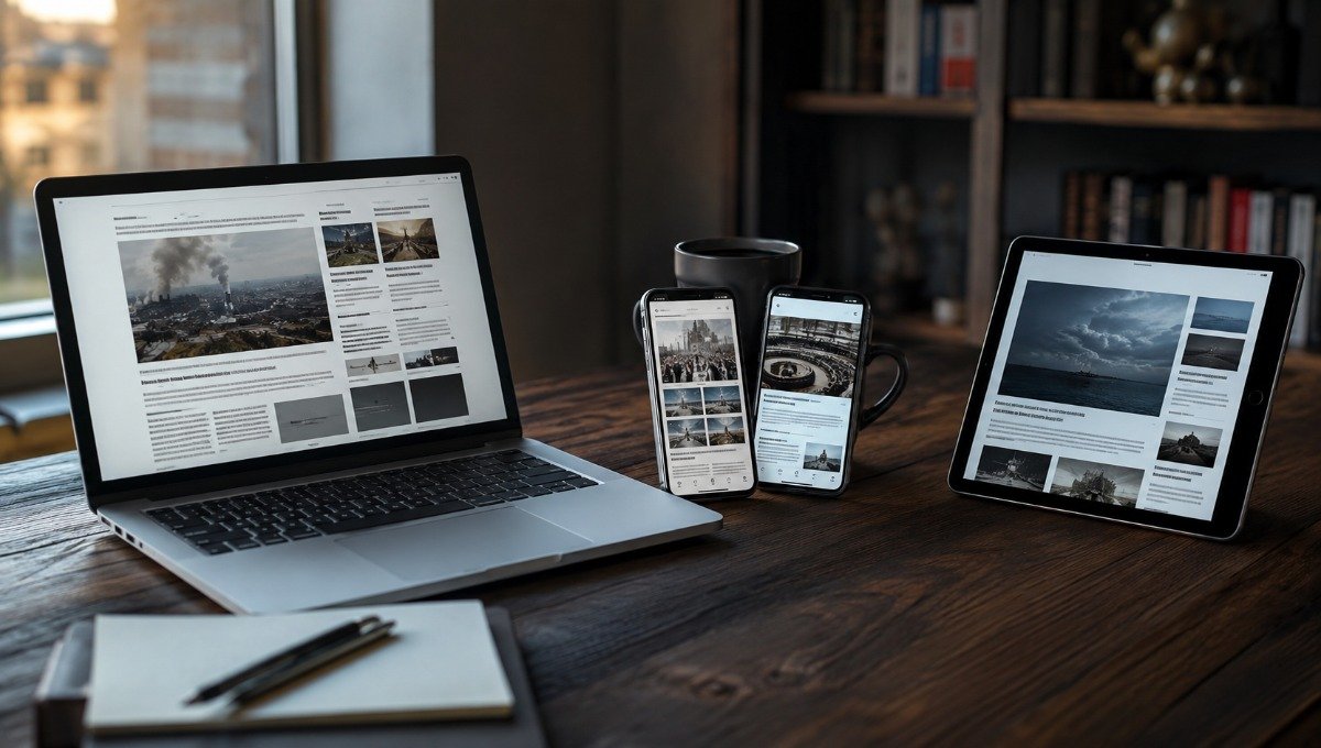 Mesa de trabalho com notebook, smartphones e tablet exibindo simultaneamente diferentes interfaces de sites de notícias, representando a multiplicação de canais de propaganda.