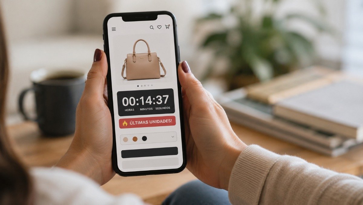 Mãos segurando um smartphone com tela de e-commerce exibindo um cronômetro regressivo e aviso de poucas unidades disponíveis.
