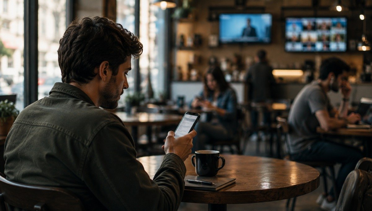Pessoa em café focada no smartphone enquanto ao fundo múltiplos conteúdos passam despercebidos, ilustrando a natureza seletiva do processamento de informação.