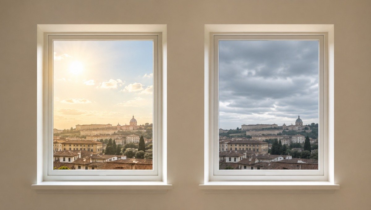 Duas janelas lado a lado na mesma parede, cada uma enquadrando uma perspectiva diferente do mesmo exterior: uma ensolarada, outra nublada, ilustrando como o enquadramento altera a percepção da mesma realidade.