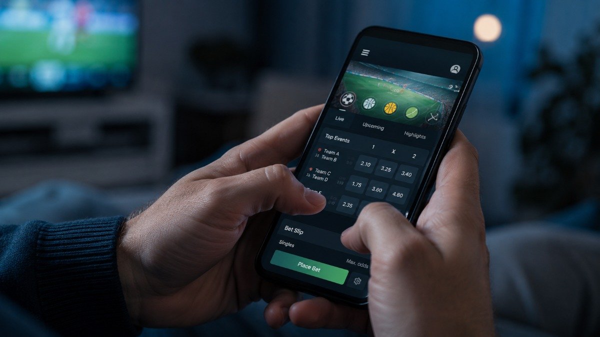Mão segurando smartphone com app de apostas em ambiente doméstico noturno, luz azulada de tela.