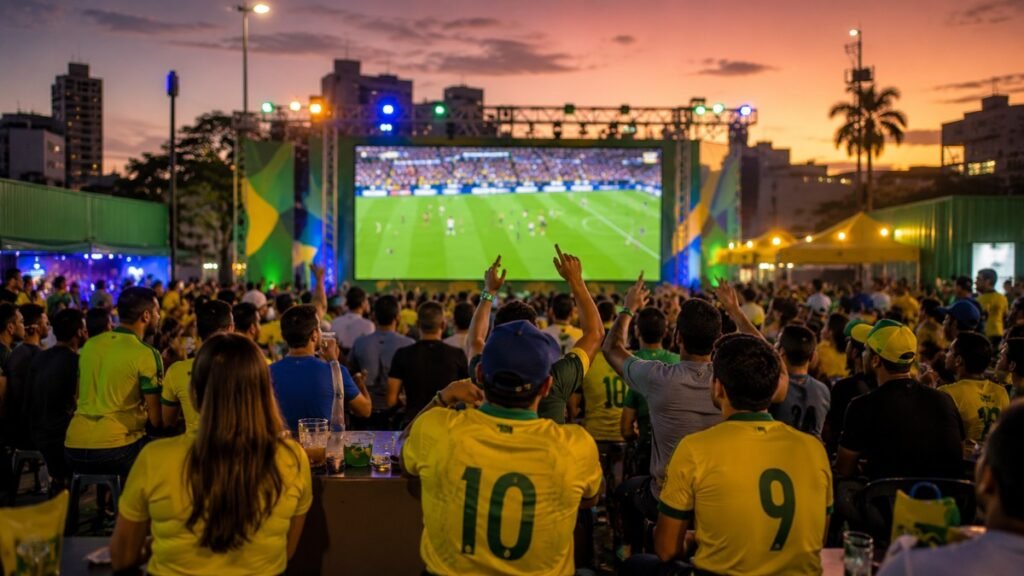 Fan zone de futebol em ambiente urbano brasileiro com público assistindo a partida em telão e celebrando, representando o conceito de transmissão como experiência coletiva que sustenta a estratégia de ativação física da Casa CazéTV.