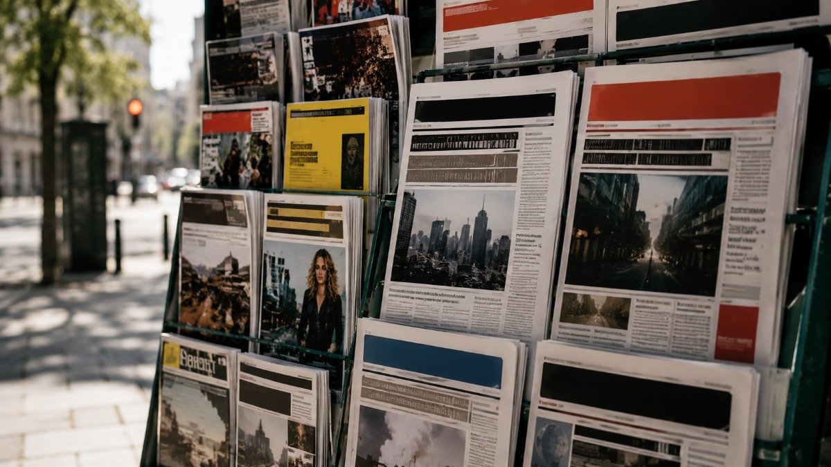 Banca de jornais e revistas com várias capas dispostas em estantes verticais, algumas em destaque luminoso e outras em segundo plano, ilustrando a hierarquia de atenção midiática.