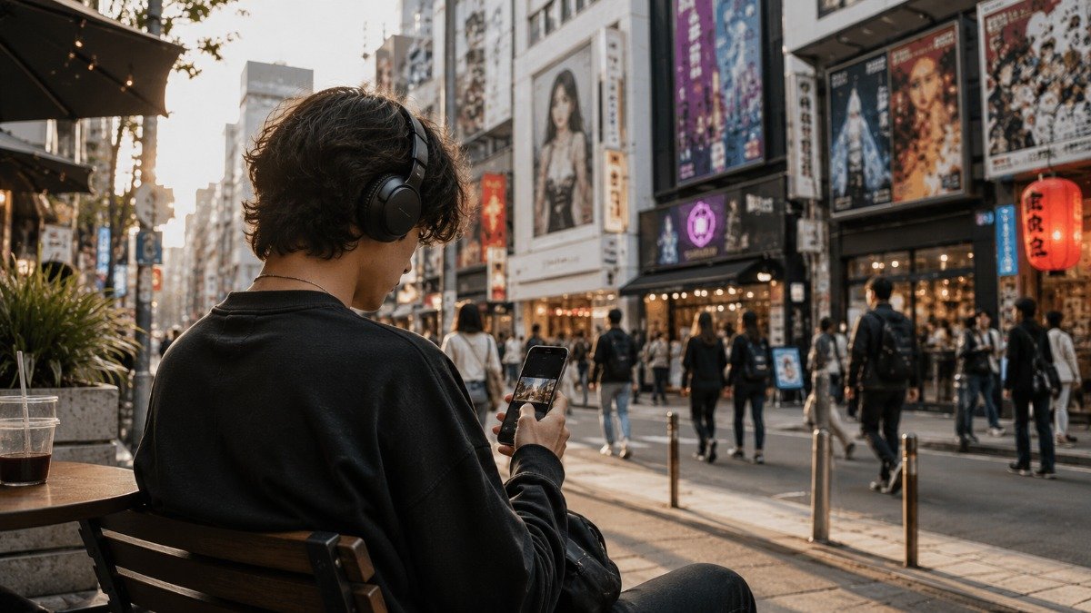 Jovem adulto em rua urbana contemporânea consumindo conteúdo cultural pelo smartphone, com cartazes em diferentes idiomas ao fundo, ilustrando a circulação cultural cotidiana que sustenta o soft power.