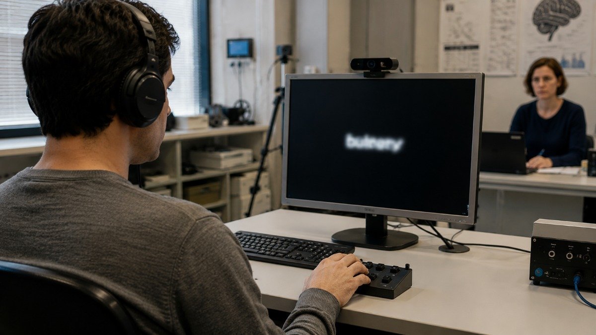 Participante realiza tarefa de reconhecimento de estímulos em computador durante experimento de psicologia cognitiva sobre priming.