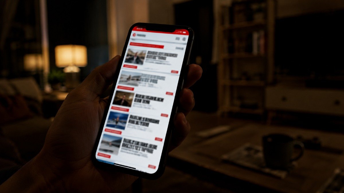 Mão segurando smartphone em ambiente doméstico noturno, com tela exibindo feed de notícias em manchetes vermelhas e pretas, ilustrando o consumo cotidiano de notícias trágicas.