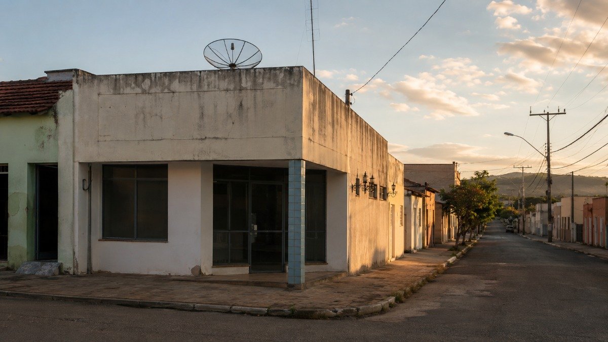 Rua de cidade pequena brasileira com fachada comercial vazia ao fim de tarde, sugerindo o fechamento de veículo de imprensa local.