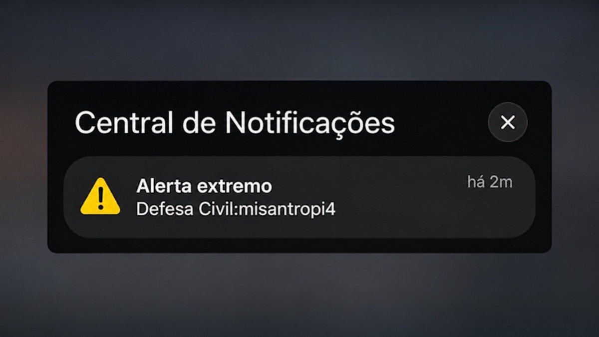 Captura de tela de celular exibindo alerta de emergência da Defesa Civil com a palavra "misantropia", enviado a aproximadamente 30 milhões de brasileiros na madrugada de 20 de junho de 2026.