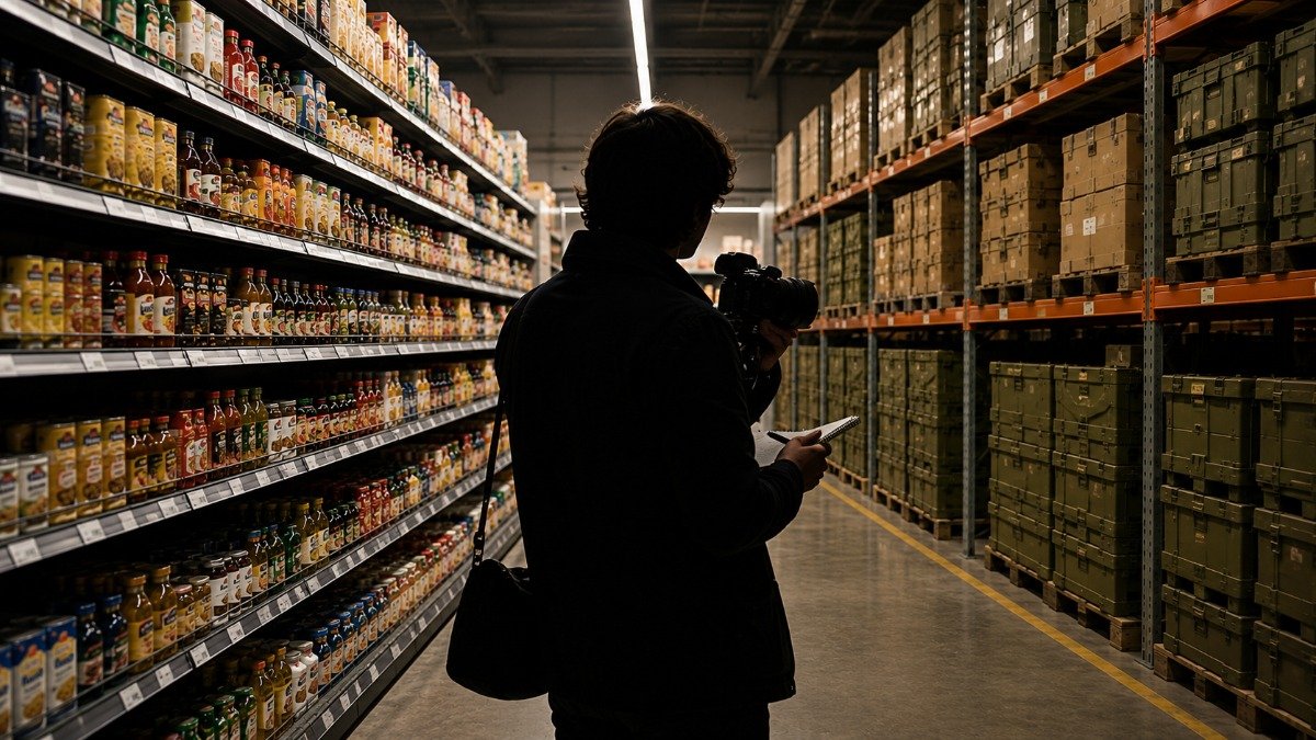 Díptico editorial com prateleiras de supermercado abastecidas à esquerda e prateleiras de armazém militar à direita, ilustrando o paralelo entre lógica de estoque civil e militar: nenhum dos dois estoca para décadas, ambos trabalham com giro e capacidade de reposição.