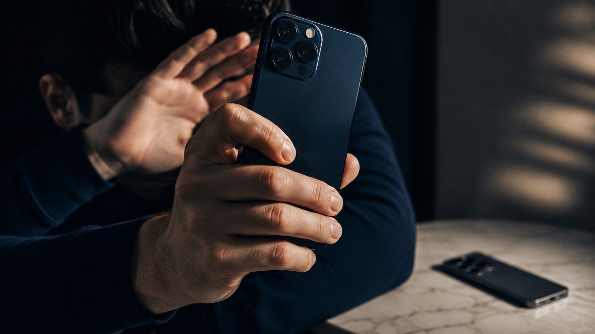 Mão segurando um smartphone erguido como escudo, com um segundo aparelho equivalente desfocado ao fundo.