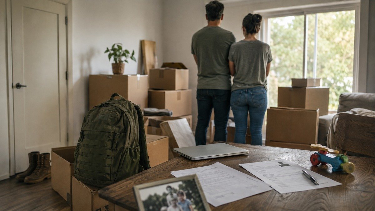 Caixas de mudança, mochila militar sem insígnias e objetos familiares reunidos em uma sala, representando a mobilidade e os custos familiares da carreira militar.