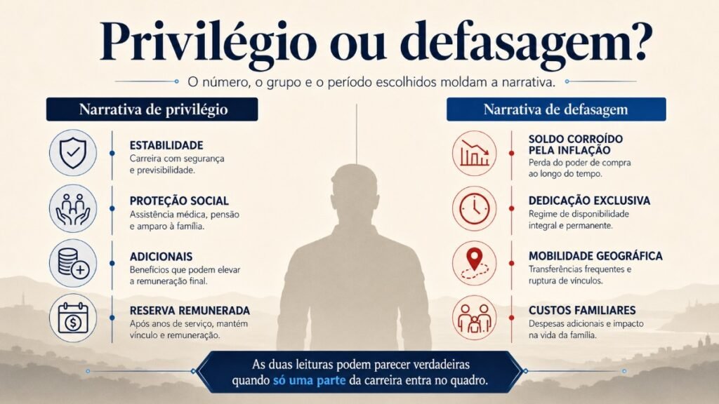 Estabilidade, proteção social e adicionais sustentam a narrativa de privilégio. Inflação, disponibilidade permanente, mobilidade e custos familiares sustentam a narrativa de defasagem. O enquadramento depende dos elementos colocados em evidência.