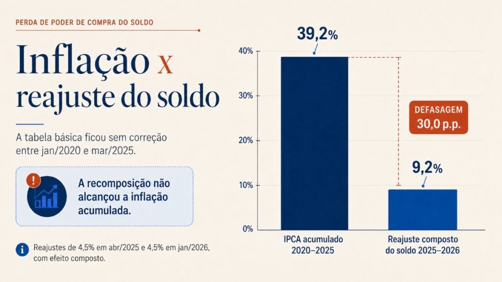 Gráfico compara a inflação acumulada de aproximadamente 39,2% entre 2020 e 2025 com o reajuste composto de cerca de 9,2% aplicado ao soldo militar em 2025 e 2026.