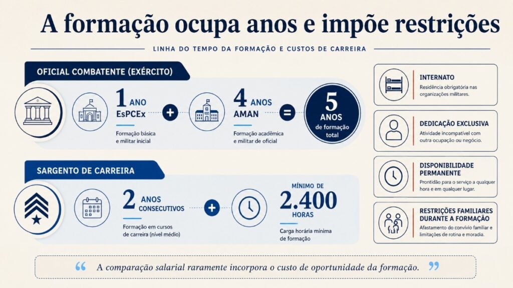 Infográfico apresenta cinco anos de formação para o oficial combatente do Exército e dois anos com carga mínima de 2.400 horas para o sargento de carreira, além de internato, dedicação exclusiva, disponibilidade permanente e restrições familiares.