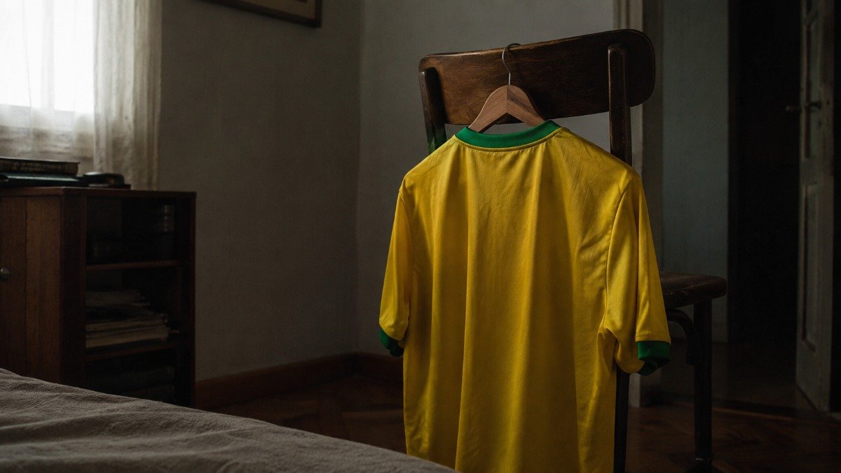 Camisa da Seleção Brasileira guardada sobre uma cadeira, símbolo do afastamento do torcedor após a eliminação.