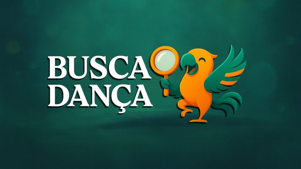 um papagaio estilizado em laranja e verde segurando uma lupa, ao lado do nome "Busca Dança", sobre fundo verde.