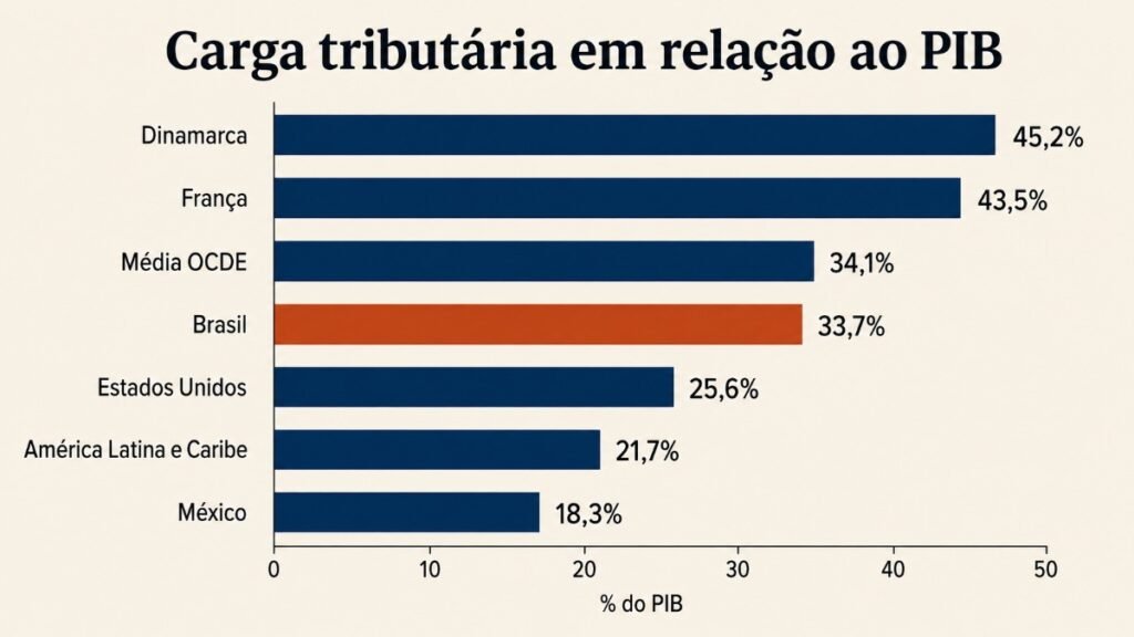 Gráfico compara a carga tributária como percentual do PIB em Brasil, Dinamarca, França, Estados Unidos, México e médias da OCDE e da América Latina e Caribe. O Brasil aparece com 33,7%.