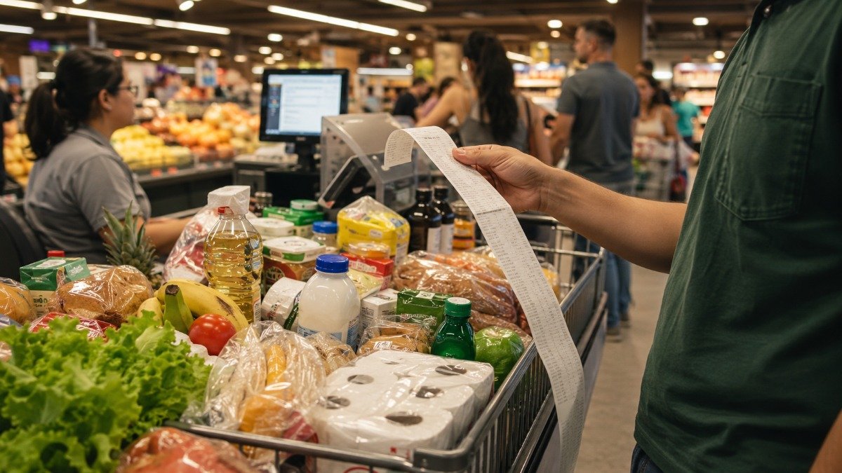 Carrinho de supermercado com produtos cotidianos diante de um caixa, enquanto uma longa nota fiscal é impressa, representando os impostos embutidos no consumo no Brasil.
