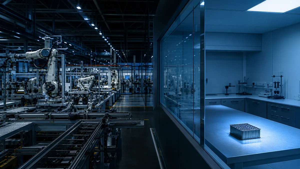 Linha industrial interrompida por uma divisória de vidro que separa a fábrica de um pequeno protótipo em laboratório.