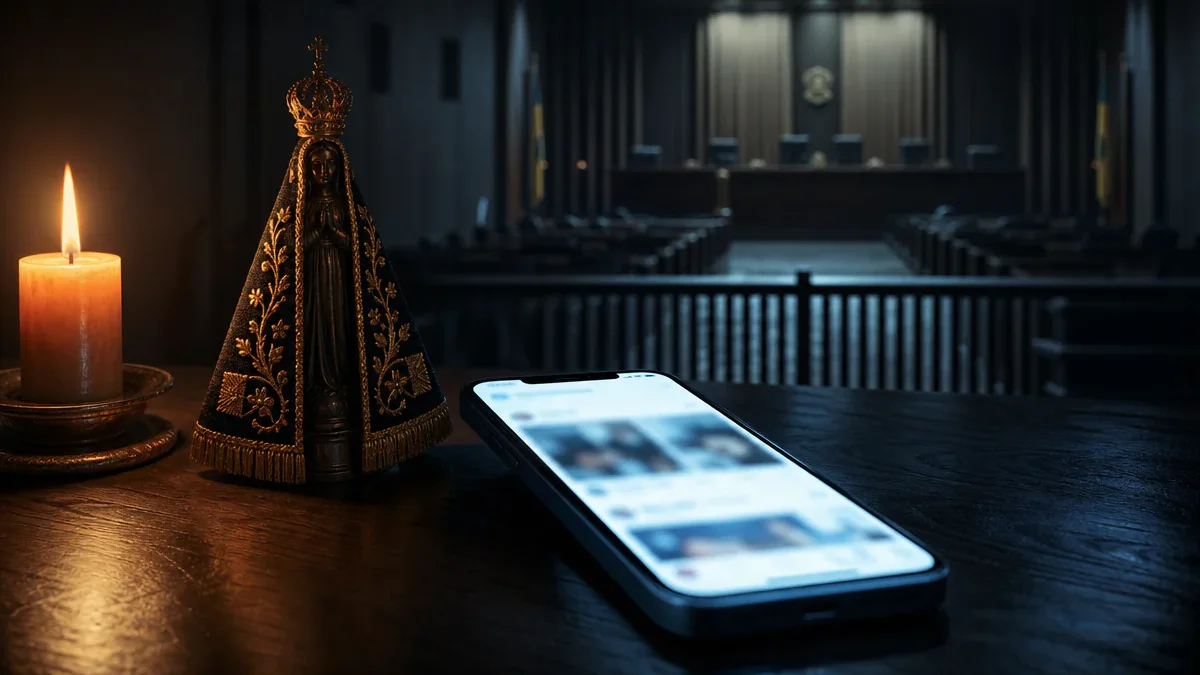 Celular com publicação desfocada diante de uma imagem de Nossa Senhora Aparecida e de um corredor de tribunal.
