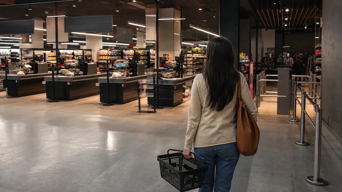 Consumidora hesita diante de duas passagens de checkout com níveis diferentes de facilidade.