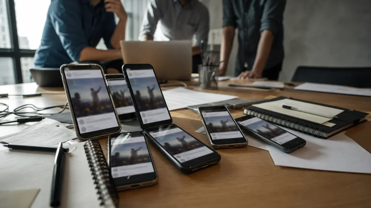 Celulares sobre uma mesa exibem a mesma publicação política compartilhada por diferentes perfis, com as informações desfocadas.