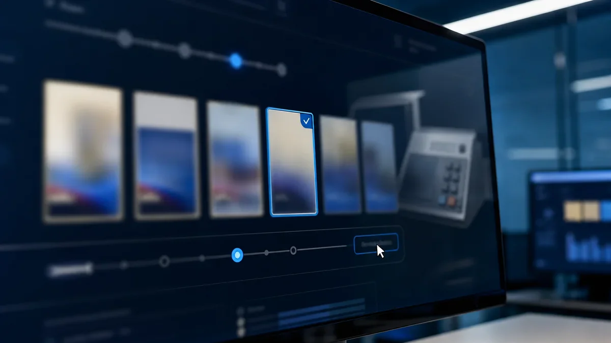Tela de computador mostra cartões desfocados de anúncios em análise, com uma urna eletrônica brasileira ao fundo.