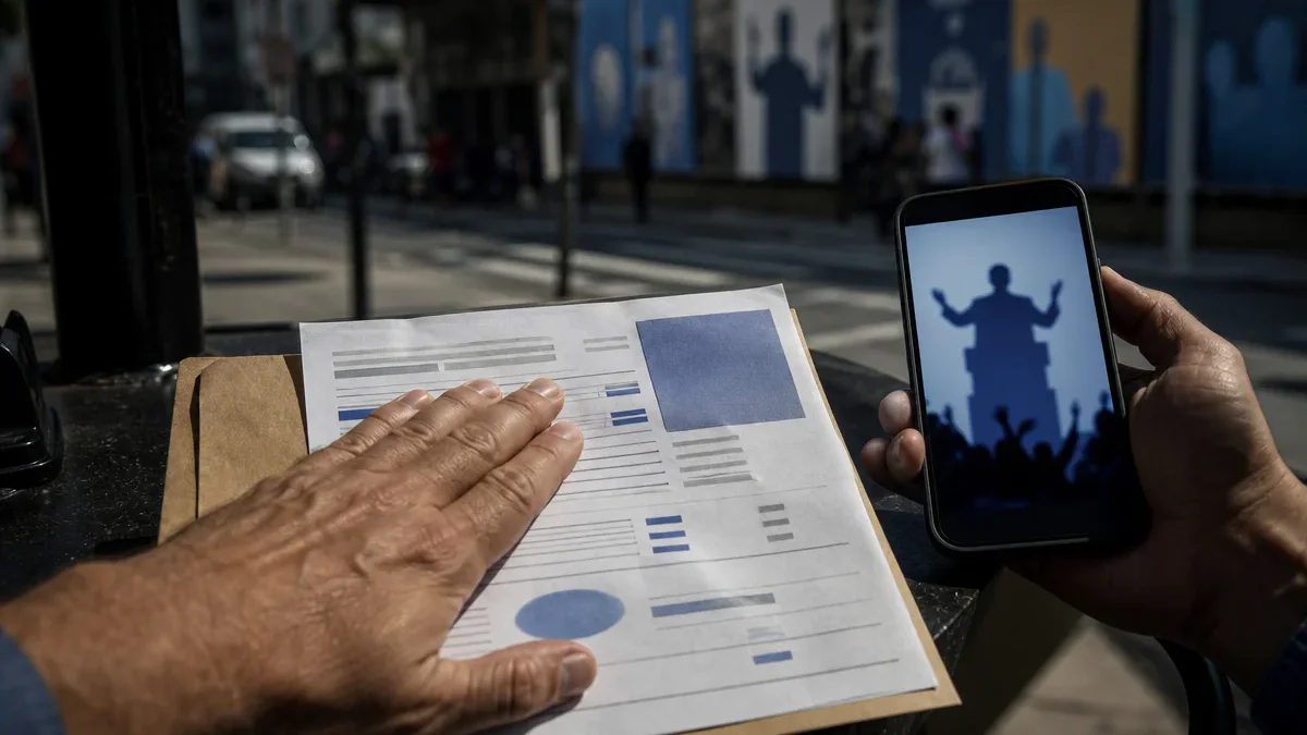 Mão encobre a identificação do pagador em um recibo ao lado de um celular com anúncio político genérico.