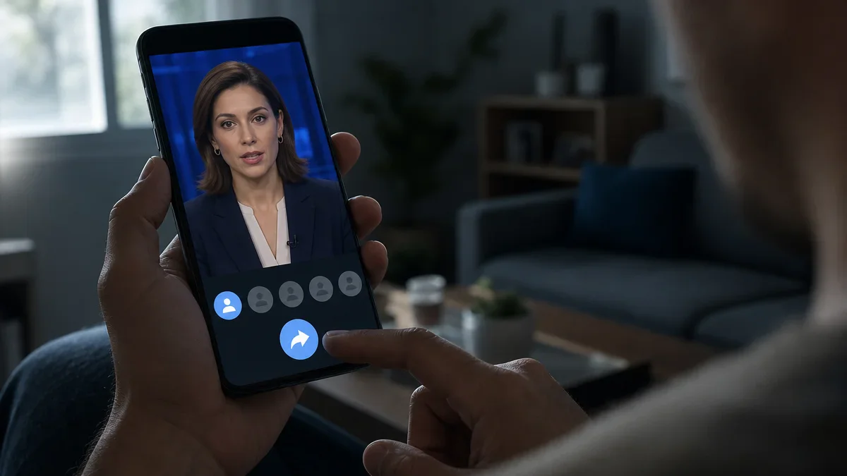 Celular exibe uma apresentadora fictícia em um vídeo manipulado, enquanto uma pessoa se prepara para compartilhar a publicação.