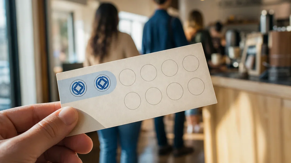 Mão segura um cartão de fidelidade de cafeteria com dois espaços carimbados e outros oito vazios.